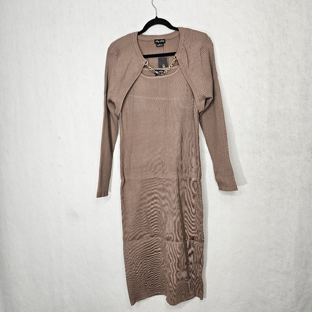City Chic Ribbed Bodycon Cardigan Kelsey Dress 2 Piece Set in Ginger Snap 18